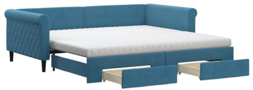 vidaXL Tagesbett, Ausziehbar Schlafsofa mit Schubladen, Bettsofa Gästebett für Schlafzimmer Wohnzimmer, Sofa Bett Ausziehbett, Blau 100x200 cm Samt