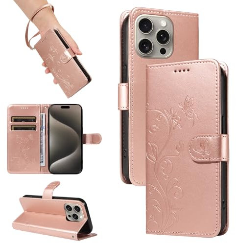 SRISHP Cover per iPhone 15 Pro Max, Magnetica Cover a Libro con Slot per Schede, Custodia in PU Pelle Portafoglio per iPhone 15 Pro Max, Oro Rosa
