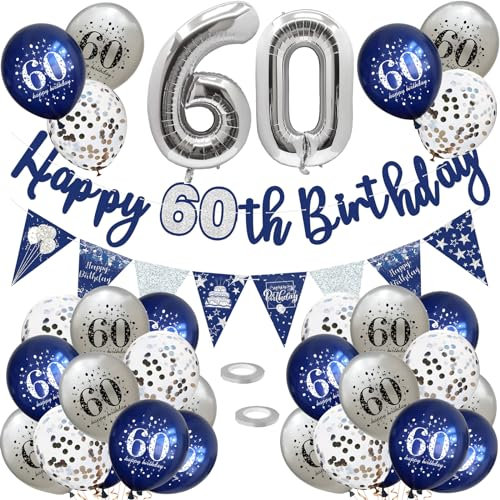60. Geburtstag Dekoration Set - Luftballons, Happy Birthday Girlande, Konfetti, Nacht Blau Silber - Party Deko Supplies für Frauen und Männer