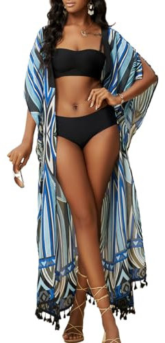 Bsubseach Kimonos for Women Open Front Kimono Cover ups for Swimwear Women Tassel Bikini Swim Coverup with Drawstring Blue