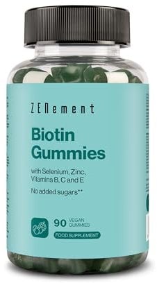 Gummies à la Biotine pour Cheveux, Peau et Ongles - Sans Sucres ni Édulcorants Ajoutés - avec Sélénium, Zinc et Vitamines A, C, E et du groupe B - 90 gommes Véganes -Saveur Fruits des Bois – Zenement