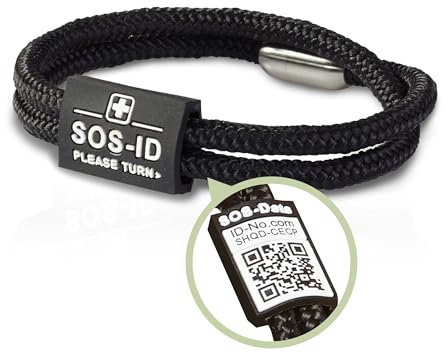 SOS-ID Lifestyle Notfallarmband aus robustem Segeltau mit QR-Code (Größe S/Schwarz) – langlebiges & wasserfestes SOS Armband für Notfälle – schneller Zugriff auf Gesundheitsdaten
