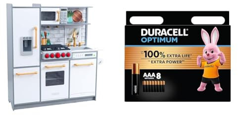 KidKraft Cocina de Juguete Uptown Elite de Madera para niños con Luz y Sonido y Dispensador de Cubitos de Hielo, Juguetes niños 3+ años (53437) Exclusivo en Amazon + Duracell Optimum pilas AAA (Pack d