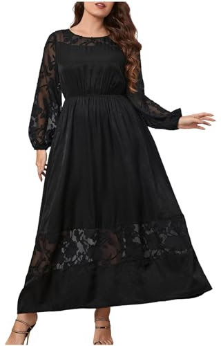 HAOLEI Abiti in Pizzo Plus Size Donna Vestito Lungo Midi Abito Maniche Lunghe Girocollo Vestito da Sera Maxi Traspirante da Donna Vestito Taglie Forti Cerimonia Cocktail Partito Festa