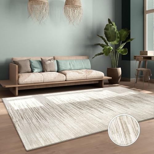 TT Home Wohnzimmer Teppich Esszimmer Kurzflor Boho Skandi Motiv Unifarben Hoch-Tief-Effekt Abstrakte Optik Moderner Style, Farbe:Creme, Größe:200x290 cm