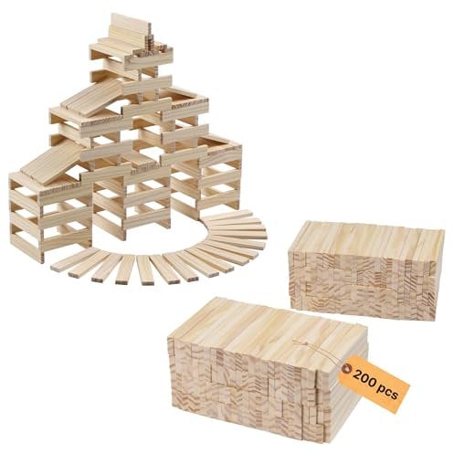 Navaris Holzbausteine Natur - 200-teiliges Set für Kreativität und Fantasie - Bauklötze Holz - Holzklötze - Bausteine Holz - Fördert Feinmotorik und Koordination