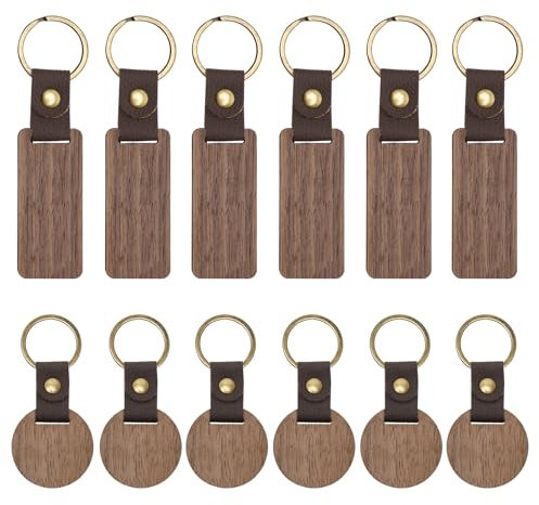 TENTHPEO 12 Stück Schlüsselanhänger Holz Rohling, Schlüsselanhänger Personalisiert, Schlüsselanhänger Leder mit Schlüsselring für Lasergravur, DIY Geschenk, Bemalen