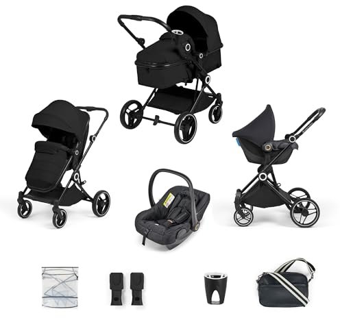 Ickle Bubba Atom 8 Piece Travel System with Astral Car Seat – Lightweight Compact Pram from Birth to 22kg, Convertible Lie-Flat Seat, Includes Changing Bag, Rain Cover & Cup Holder (Black)