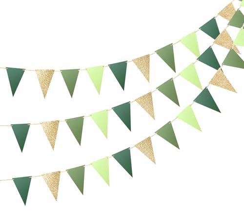 XQMMGO 3 Stück Wimpelkette Outdoor, 5M Girlande Wimpelkette, Mehrfarbig Dreieck Flaggen, Leinenimitat Wimpel für Geburtstag Party Hochzeit Dekoration Indoor Outdoor (Grün Gold)