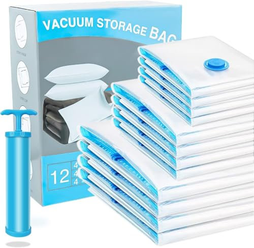 Vacuum Storage Bags, 12 Pack (4 Jumbo, 4 Large, 4 Medium) Reusable Space Saver Bags Vacuum Compression Zipper Storage Bags with Airtight Valve and Hand Pump Vacuum Bags for Clothes, Duvets,Travel