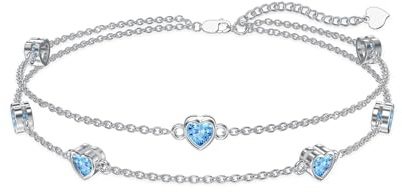 Flpruy 925 Silber Geburtsstein Armband Damen März Aquamarin Herz Geburtsstein Armband Verstellbar Armkette Geburtstag Weihnachten Geschenk für Freundin Mama Tochter Schmuck für Frauen