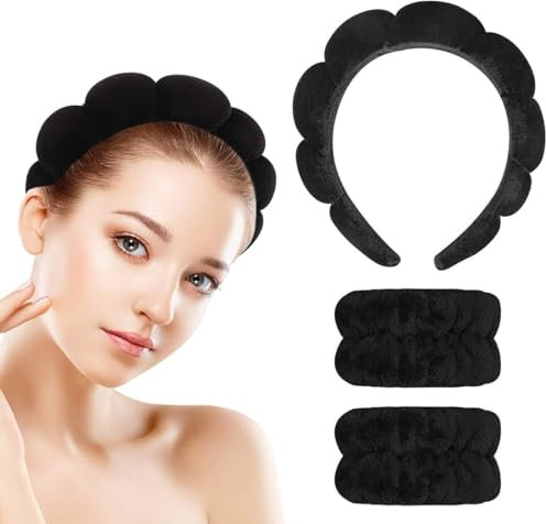 QEDBOJE 3 pièces Bandeau Spa pour Femme, Bandeau Noir Maquillage, Éponge Douce pour Soin de la Peau, Accessoires Cheveux pour Laver le Visage, Démaquillant Douche, Bandeaux Mode pour Femmes