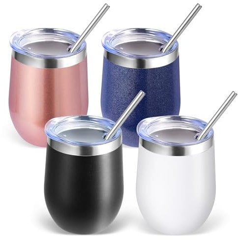 Volhoply 12oz Stainless Steel Wine Tumbler with Lid Bulk 4 Pack,350ml Double Wall Vacuum Stemless Wine Glasses,Metal Travel Coffee Mug with Straw,Insulated Cup Gifts for Women,Christmas(Mix,4 Set)