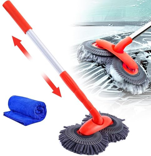 Car Wash Brush with Long Handle, Telescopic Car Wash Mop 360° Rotating Car Mop with Double Head Fitting Car Body for Cleaning Cars SUV Caravan