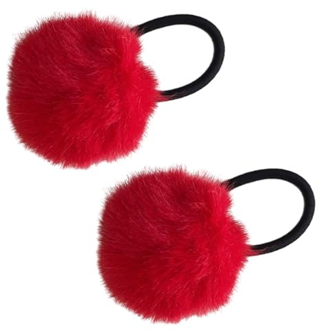 Maxtonser Haargummis mit bunten Pompons, Haargummi, pelziger Pferdeschwanz-Halter, bezaubernd, pelzig, Rot, 2 Stück