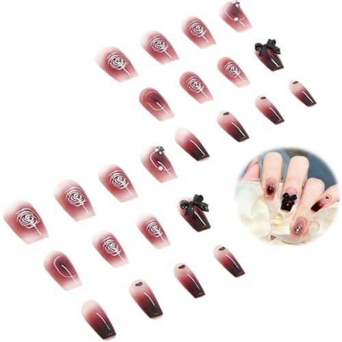 NJCXOLA 24 Pcs Faux Ongles Autocollants Longs Vinyle Glossy Couleur Pure Collection Acrylique pour Femmes et Filles