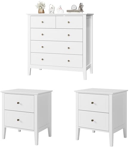 FOREHILL Schlafzimmer Set in Weiß, 3er-Set Schlafzimmermöbel, 3-teilig mit Kommode und 2er-Set Nachttisch für Wohnzimmer, Schlafzimmer