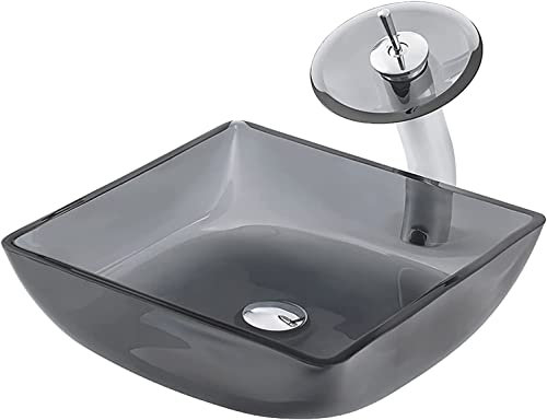 Waschbecken aus gehärtetem Stahl, Aufsatzwaschbecken, quadratisches Aufsatzwaschbecken, Waschtisch, hellgrau, Handwaschbecken mit Wasserfall-Wasserhahn und Pop-Up-Ablauf,