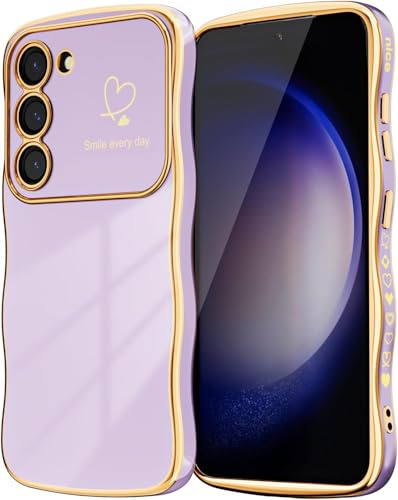Riccase for Samsung Galaxy A55 5G Case Lens Protection for Women Girls Shockproof Cute Wave Frame Curly Shape Plated Love Heart Phone Case for Samsung A55 5G,Light Purple