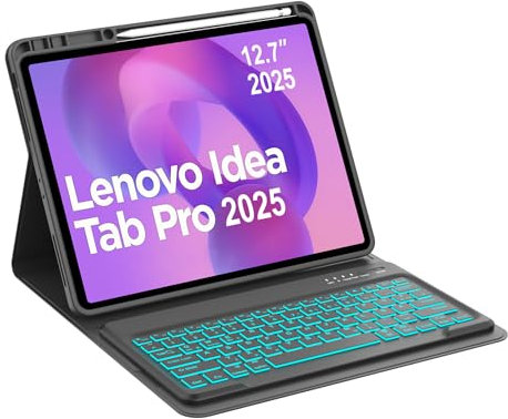 Occtingkind für Lenovo Idea Tab Pro 12,7 Hülle mit Tastatur, 7-Farben Beleuchtung für Lenovo Xiaoxin Pad Pro 12,7 TB373FU 2025 & Moto Pad 60 Pro, Abnehmbar Bluetooth QWERTZ Tastatur, USB-C, Schwarz