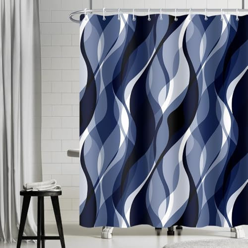 Uiiooazy Tenda Doccia Blu Navy, Tenda da Doccia Astratta Geometrica Banda Linee Tenda per Doccia Antimuffa Impermeabile Tessuto in Poliestere Lavabile Tenda per Vasca da Bagno con 12 Ganci 180x240cm