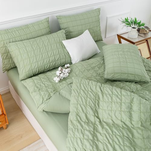 YASMENG Seersucker Housse de Couette 200x200 Vert À Carreaux Seersucker Parure de Lit Doux Respirant Microfibre Linge de Lit 2 Personne Adulte avec Fermeture Éclair avec 2 Taies d'oreiller 65x65 cm