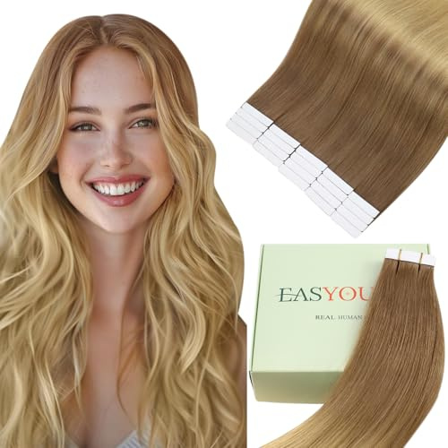 Easyouth Tape Extensions Echthaar Braun Balayage Extensions Tape Echthaar Ombre Goldbraun Goldblond Haarverlängerungen Echthaar Tape in Extensions Glatt 35 cm #10/14 40g 20pcs