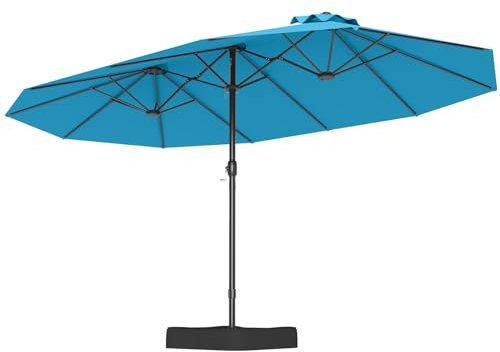 RELAX4LIFE Grand Parasol Double avec Pied 4,7M, Grand Parasol de Jardin Extérieur avec Manivelle, 12 Baleines, Base Croix, Sacs de Sable, Ventilé, Protection Solaire pour Terrasse Marché (Turquoise)