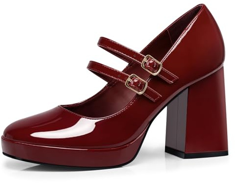 CELLENZ Women Mary Jane Shoes: Red Comfortable High Heels Size 8 | Closed Toe Strappy Chunky Pumps - Dress Pumps for Lady - Prom Party Evening Dancing Shoe