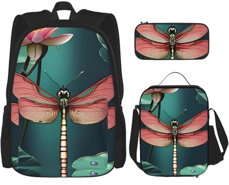FBGHHTY Dragonfly With Water Lily Print Students Adjustable Shoulder Bookbags Backpack With Lunch Bag Pencil Case Travel