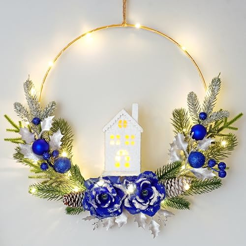 Dremisland LED Dekoring Prelit Weihnachtskranz mit Beleuchtetem Haus Türkranz für Haustür 40cm Tannenkranz Weihnachtskugeln Rose Adventskranz Winter Kranz Weihnachtsdeko Innen Außen Wand Wohnkultur