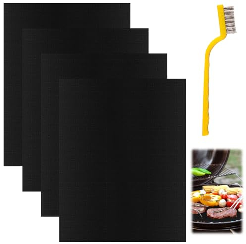 4Pcs BBQ Grillmatte für Gasgrill, 40x33cm Dauerbackfolie für Backofen | Antihaft Grillmatten mit Bürsten, Backpapier Wiederverwendbar, Dauerbackfolie für Backblech, Holzkohlegrill