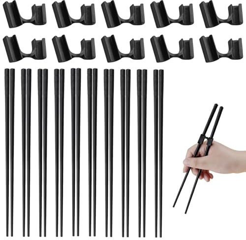 10-Paar Fiberglas Essstäbchen Und Essstäbchen Trainer Helfer, Japanische Essstäbchen Wiederverwendbare, Schwarz Legie Rungrutschfeste für Chinese Cuisine, Japanese Sushi (24CM)