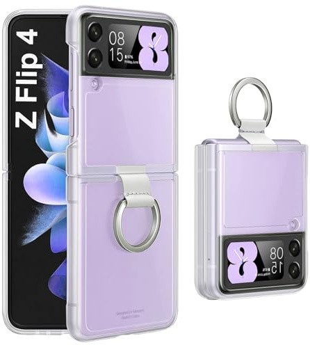 MIMGOAL Case for Samsung Galaxy Z Flip 4 Ring Clear | Slim Design, HD Clear PC Material, Anti Yellow Protection, Shockproof Bumper, Metal Ring Grip