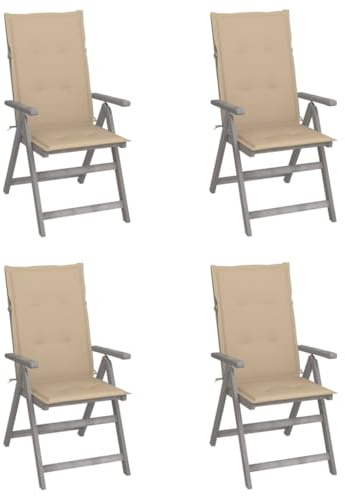 Yunovire Hochlehner Verstellbar 4 STK. mit Auflagen, Akazien-Massivholz Grau, 5-Fach verstellbare Rückenlehne für Garten, Balkon, Terrasse