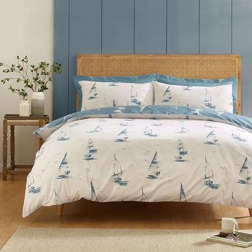 Catherine Lansfield Salcombe Boats Wende-Bettwäsche-Set mit Kissenbezug, für Einzelbett, weiches Blau