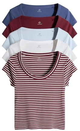 THE SET Damen Gerippte T-Shirts mit U-Ausschnitt und überschnittenen Schultern, 5er-Pack Navy/Stripe/Red/Light Blue/White m