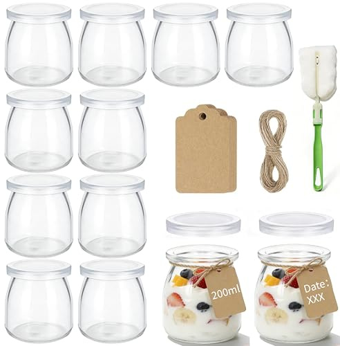 LEBOKJ Lot de 12 pots à yaourt en verre 200 ml avec couvercles, sans BPA, + 1 brosse, 24 étiquettes et 3 m de ficelle, pour yaourt maison, pudding, desserts et conservation alimentaire