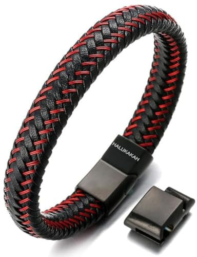 HALUKAKAH Plus ● Jazz ● Men's Genuine Leather Bracelet Titanium Magnetic Clasp Size Adjustable 8.5-9(21.5-23cm) with Free Giftbox(Red)