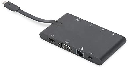 DIGITUS USB-C Travel Docking Station – 9 Ports – 1x HDMI, 1x VGA (4K@30Hz) – 2x USB 3.0 / USB 2.0, 2x USB Typ-C – RJ45 LAN, Kartenleser – Schwarz