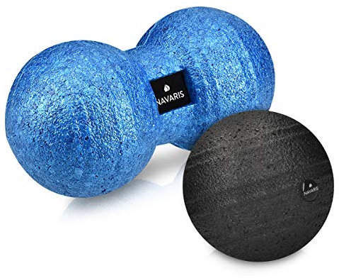 Navaris Peanut Duo Ball und Massageball Set - 1x Faszien Ball 1x Duoball - Faszienball zur Massage von Nacken Schulter Rücken - Blau mit Beutel