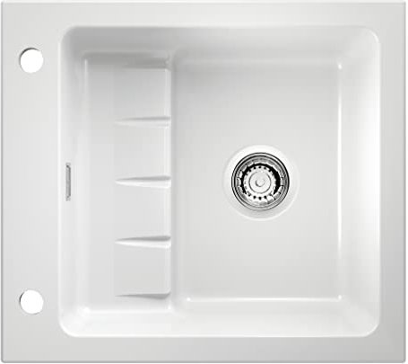 NABER 1091001 Einbauspüle PickUP E mit Premium-Drehexzentergarnitur, ab 600 mm Schrankbreite, Keramik, Weiß glänzend