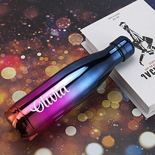 EDSG Personalised Engraved Insulated Water Bottle | Stainless Steel Double Walled Drink Bottle | 500ML Vacuum Flask, 12 Hours Hot & 24 Hours Cold (Blue To Pink To Red)