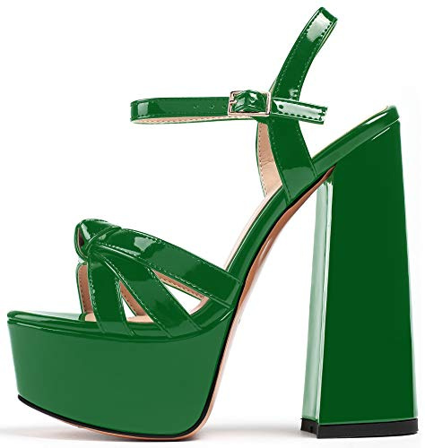 Soireelady Damen Plateau High Heels Pump Absatz Schuhe Mary Jane mit Hohem Blockabsatz Open Toe Sandalen Lack Grün EU35