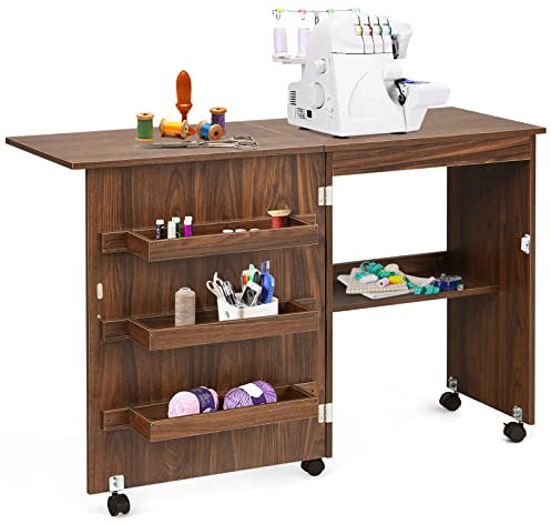 GIANTEX Nähtisch klappbar, Nähmaschinentisch auf Rollen, Nähtisch für Nähmaschine, Nähschrank Holz, Mehrzwecktisch für Wohnzimmer Arbeitszimmer Schlafzimmer (braun)
