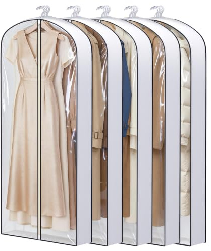 SLEEPING LAMB 60 Long Hanging Garment Bags for Closet Storage Gusseted Clear Dress Bag for Clothes, Gowns, Coats, Suits, 5 Packs