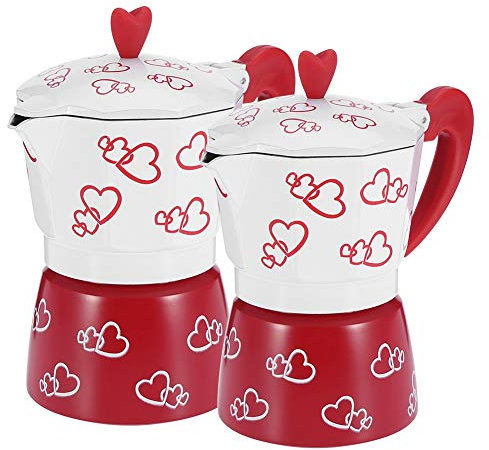 MOUMOUTEN Olla moka de aluminio con estampado de corazones rojos, olla exprés hecha a mano, filtro fino, 3 tazas/6 tazas, apta para el hogar y cafeterías