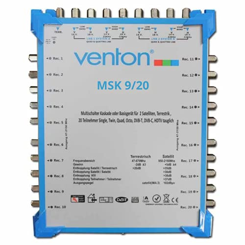 Venton Sat Multischalter 9/20 MSK I Multiswitch Kaskade für 20 Teilnehmer I Sat-Verteiler 9 Eingänge 20 Ausgänge - UHD Full HD-TV 4K 3D I Empfang digitaler & terrestrischer Signale I inkl Netzteil