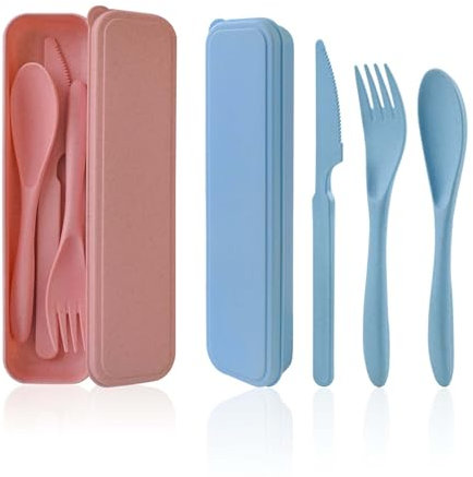 Cuayaes Reisebesteck mit Etui, Tragbare Camping Besteckset 2 Personen, Plastik Gabel Messer Löffel Besteck für Unterwegs, Schulen, Lunchboxen, Camping, Partys Und Familien (Rosa + Blau)