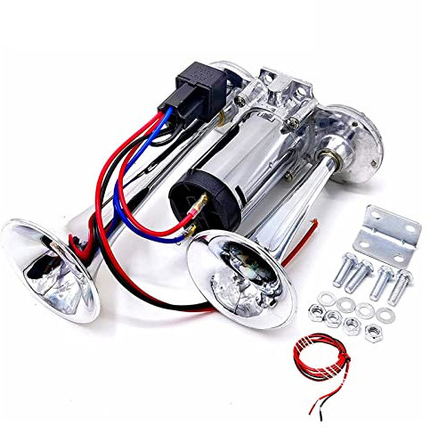 YIYIDA Klaxon électrique de voiture Trompettes Klaxon de voiture 160DB Zinc Chromé Klaxon à tonalité aiguë et à tonalité grave Double tube Silve klaxons de camion Horn pour 12V bateau voiture ect